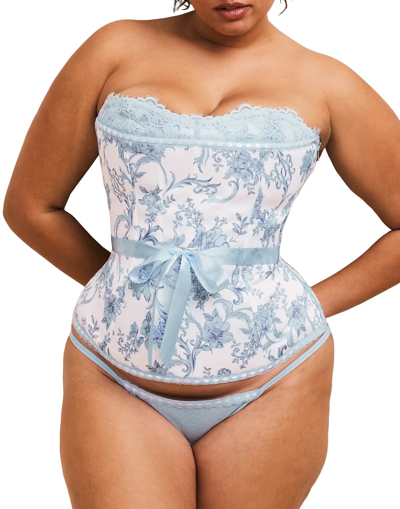 Adore Me Hopelynn Strapless Corset & G-String Set in color Blooming Scroll C01 and shape corset