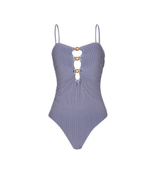 Blue and white striped one-piece swimsuit with seersucker texture