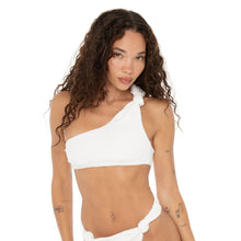 Close-up front view of the Aimi Bikini Top in white, showcasing the chunky knot strap and straight elastic hem. **white