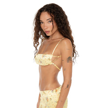 Side view of Missi Floral Bra in lemon silk, showcasing minimal strap detail and luxe charmeuse finish. **lemon
