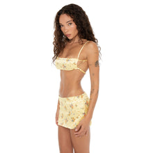 Angled view of Are You Am I Missi Floral Bra in lemon silk charmeuse with dainty floral print. **lemon