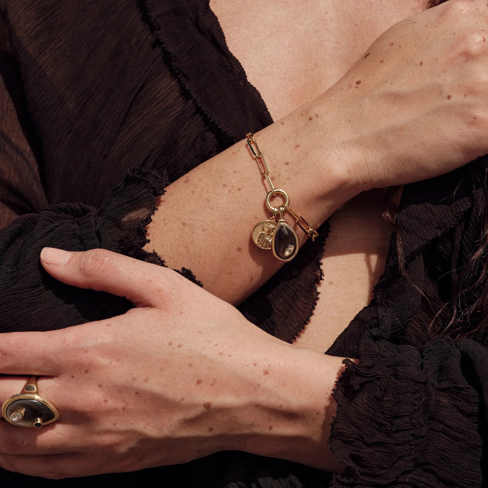 Black Pearl Triple Goddess Bracelet | 14K Yellow Gold Vermeil