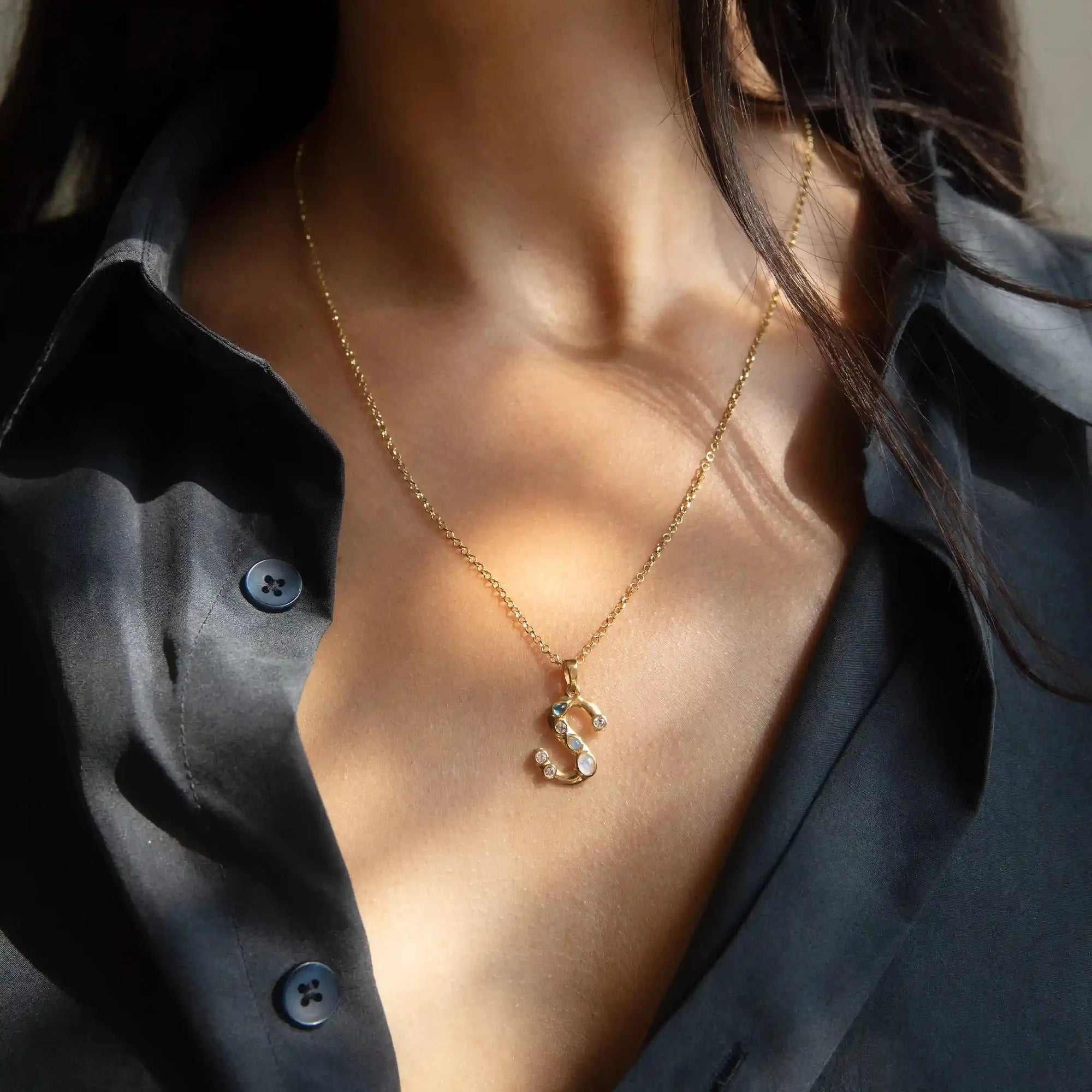 Gold Gemstone Initial Necklace | 14K Yellow Gold Vermeil