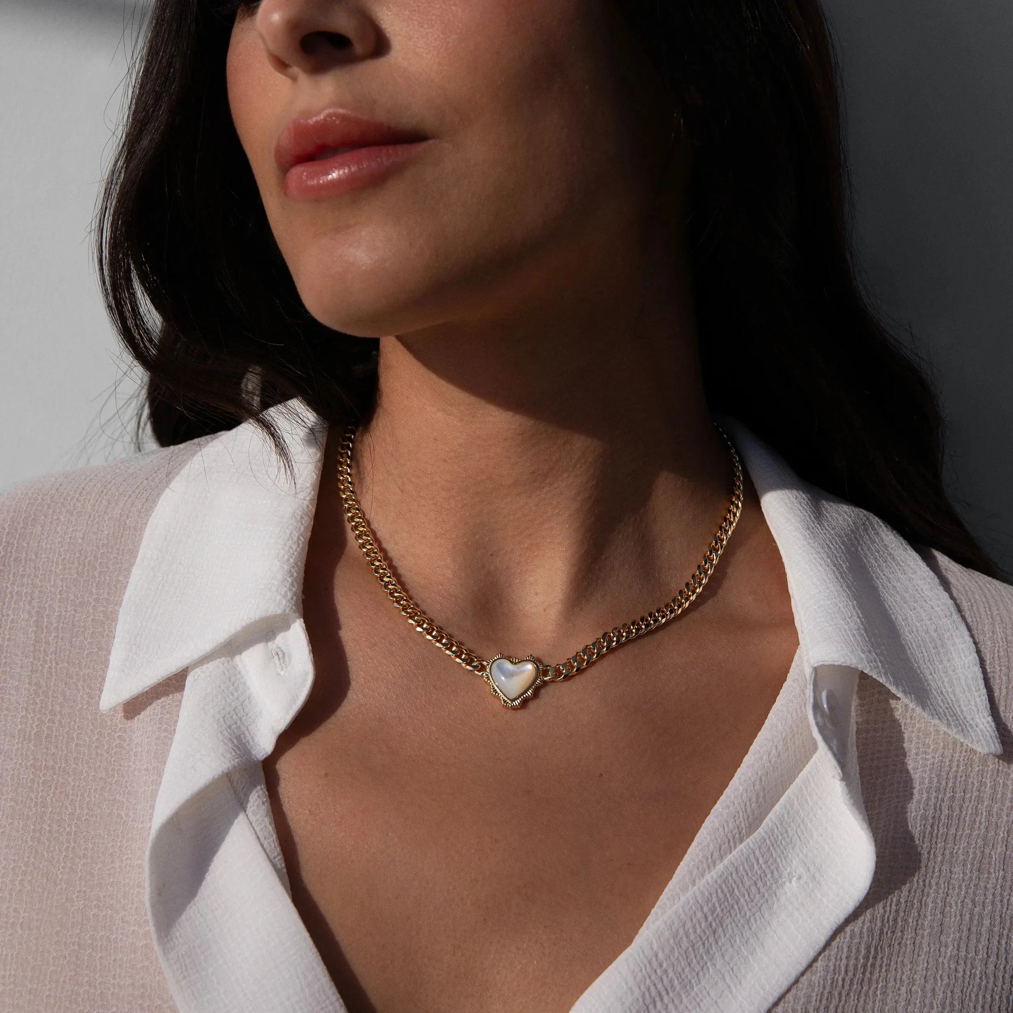 Mother of Pearl Heart Cuban Necklace | Sterling Silver