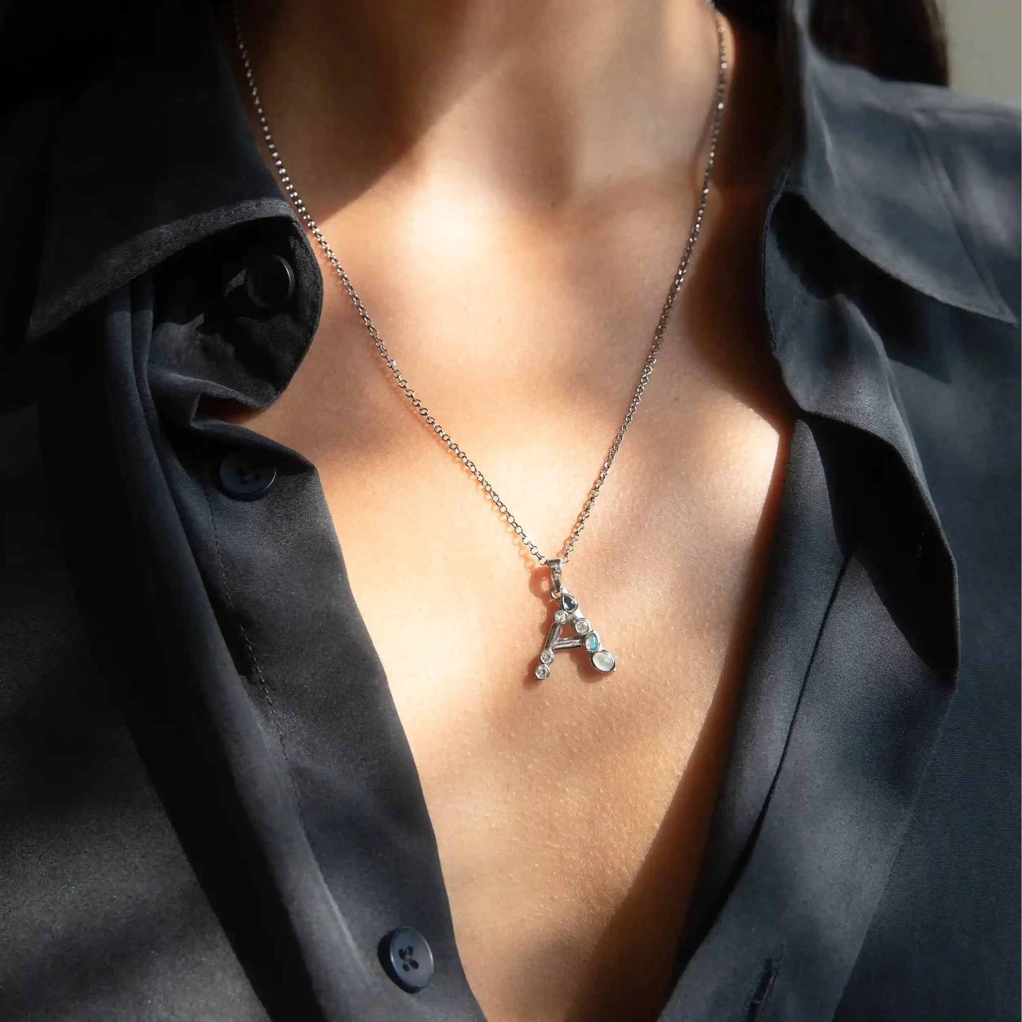 Silver Gemstone Initial Necklace | Sterling Silver