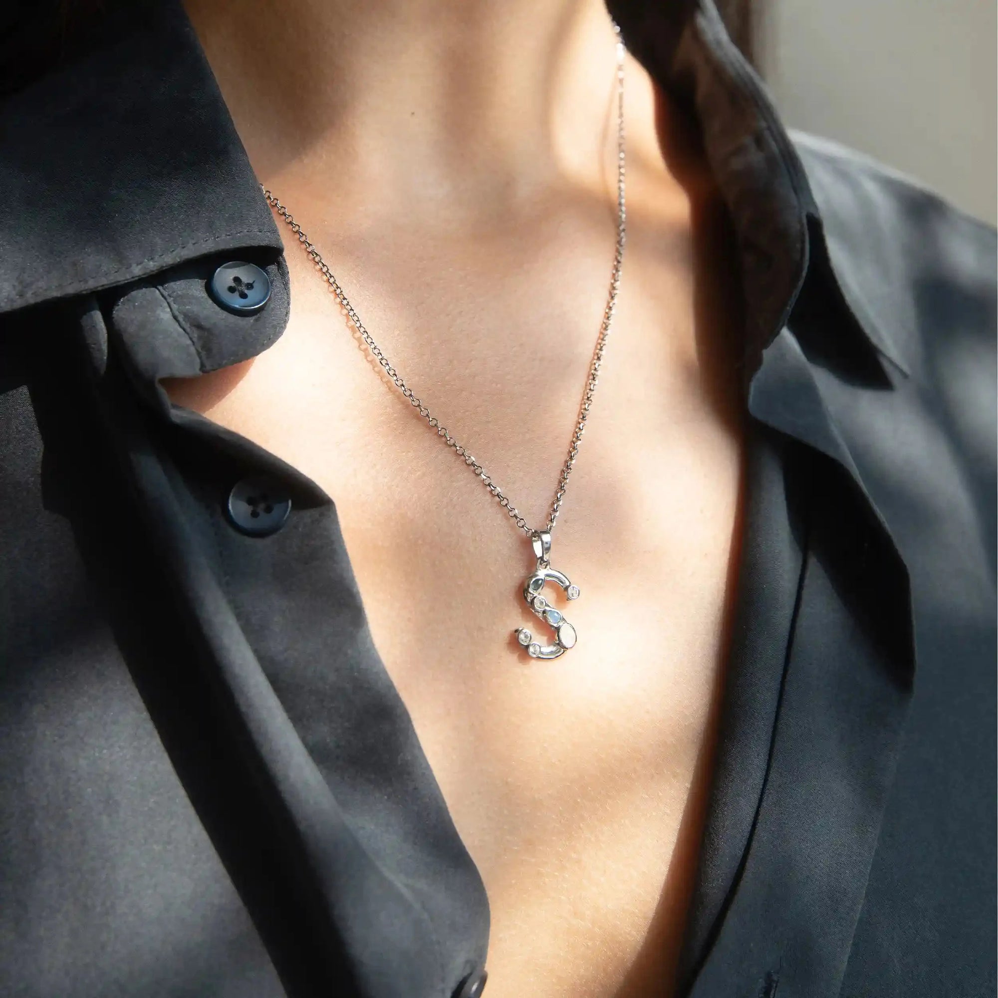 Silver Gemstone Initial Necklace | Sterling Silver