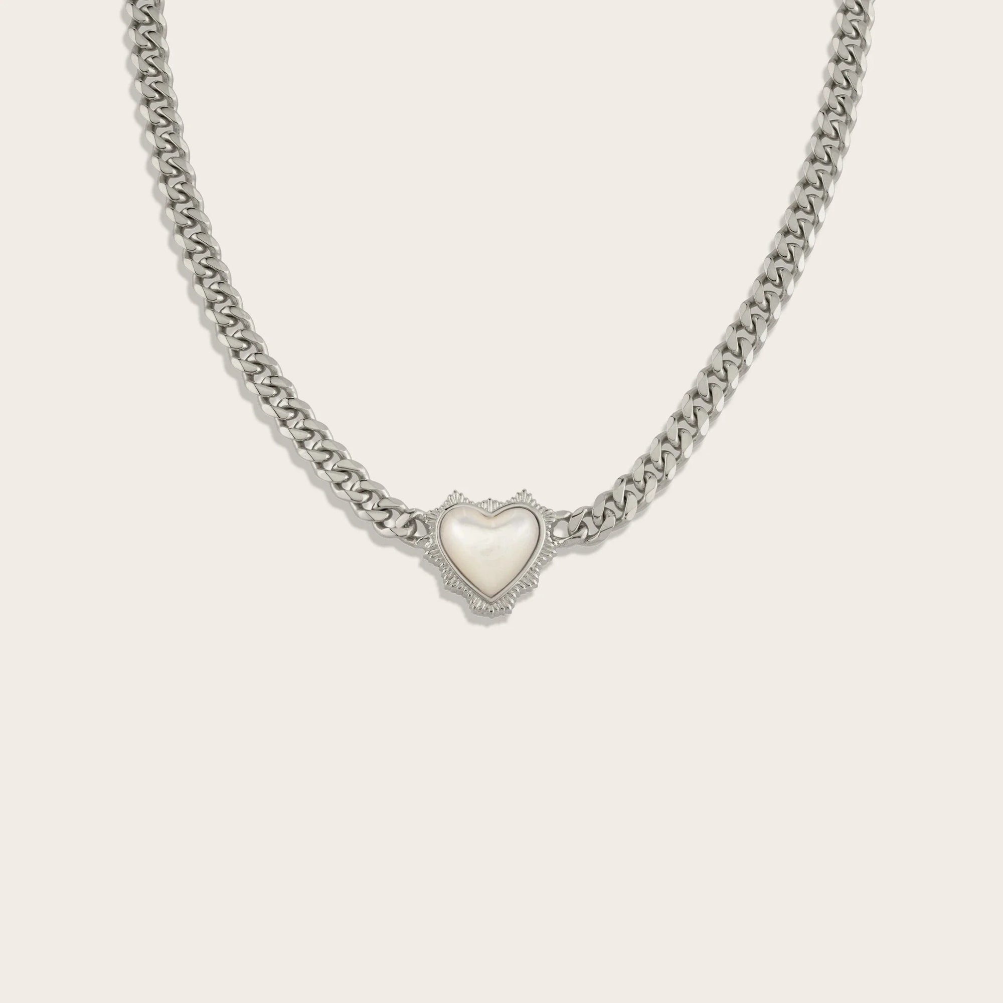 Mother of Pearl Heart Cuban Necklace | Sterling Silver