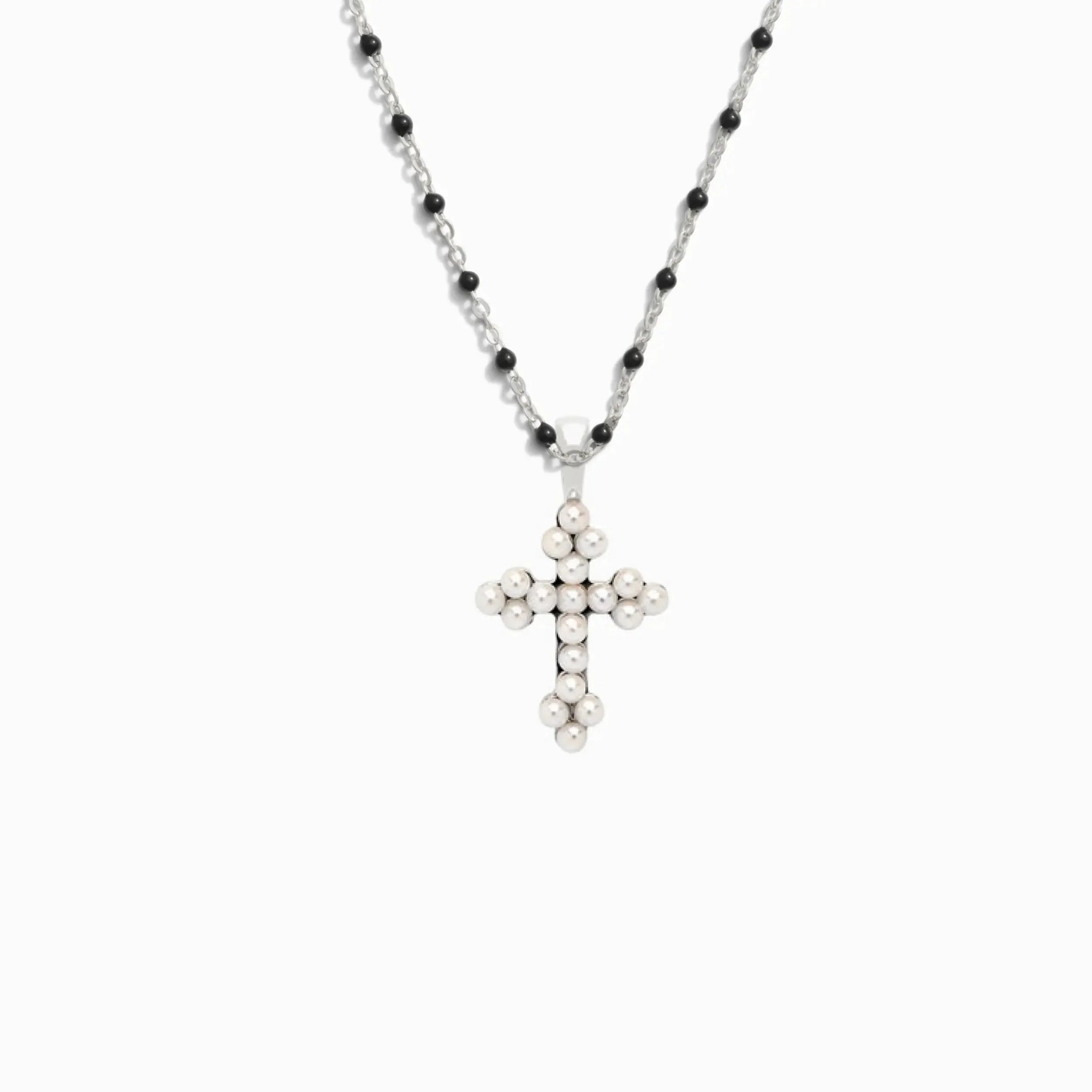 Pearl Cross Necklace with Black Enamel Chain | Sterling Silver