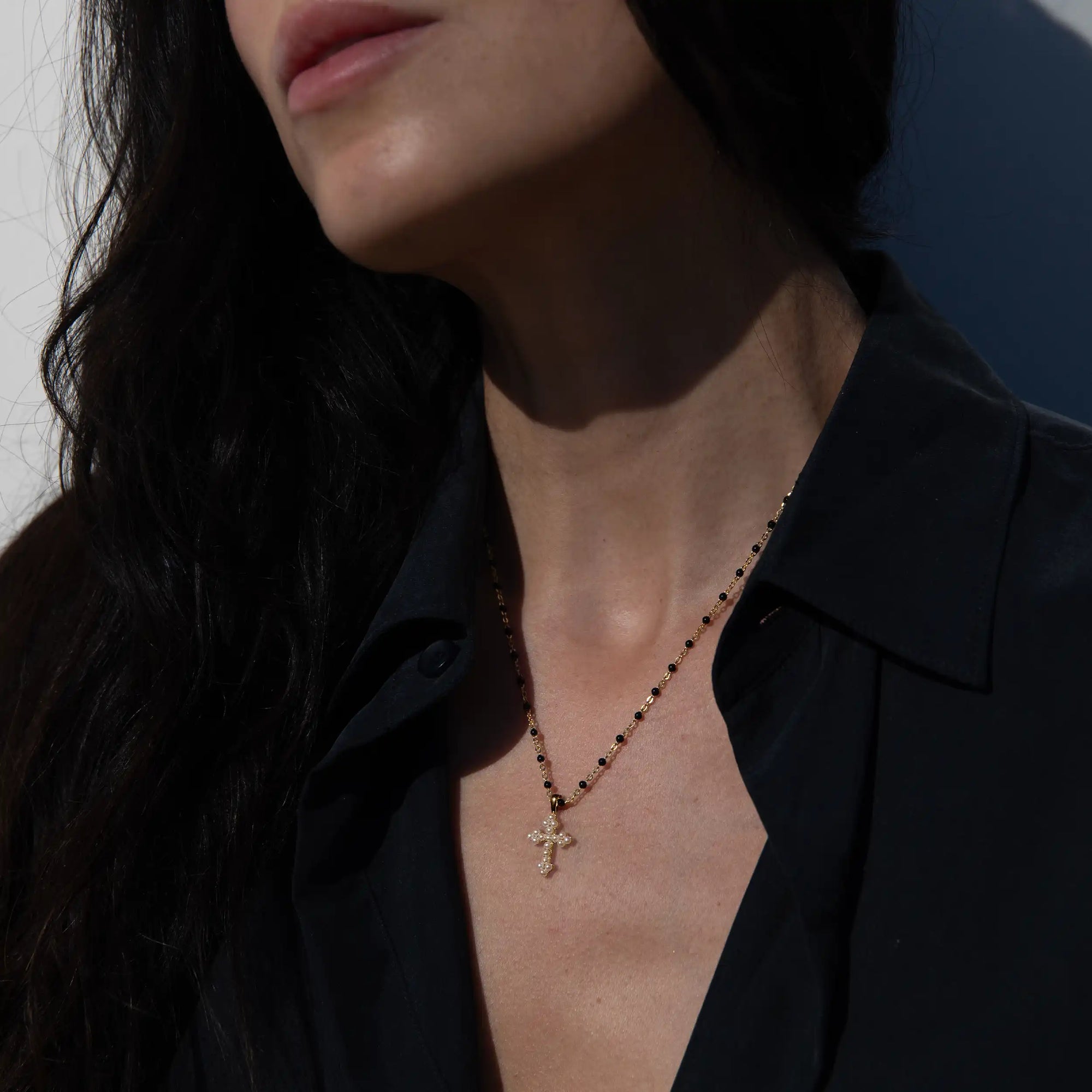 Pearl Cross Necklace with Black Enamel Chain | Sterling Silver