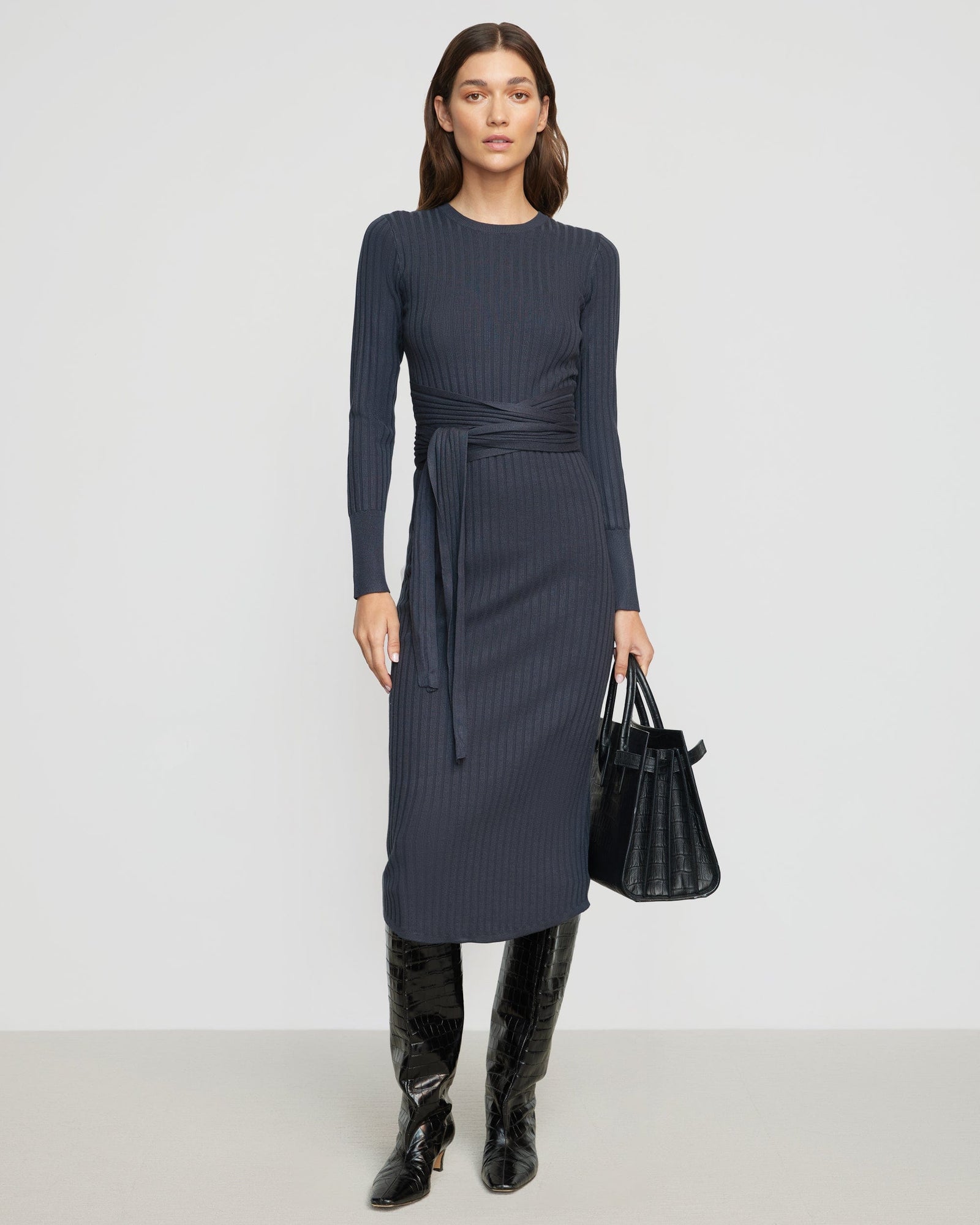 Carmen Tie-Front Ribbed Dress | Inchyra Blue