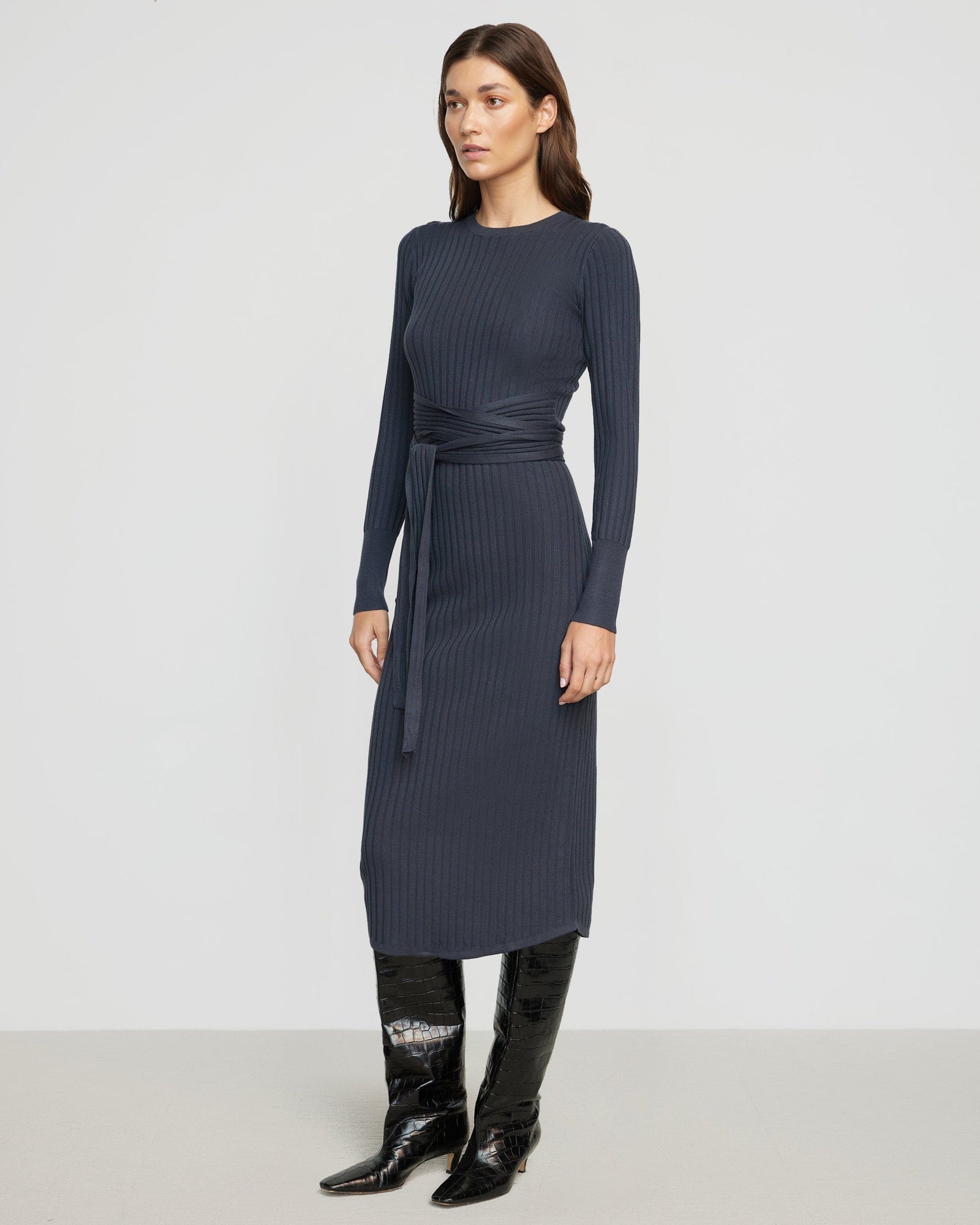 Carmen Tie-Front Ribbed Dress | Inchyra Blue