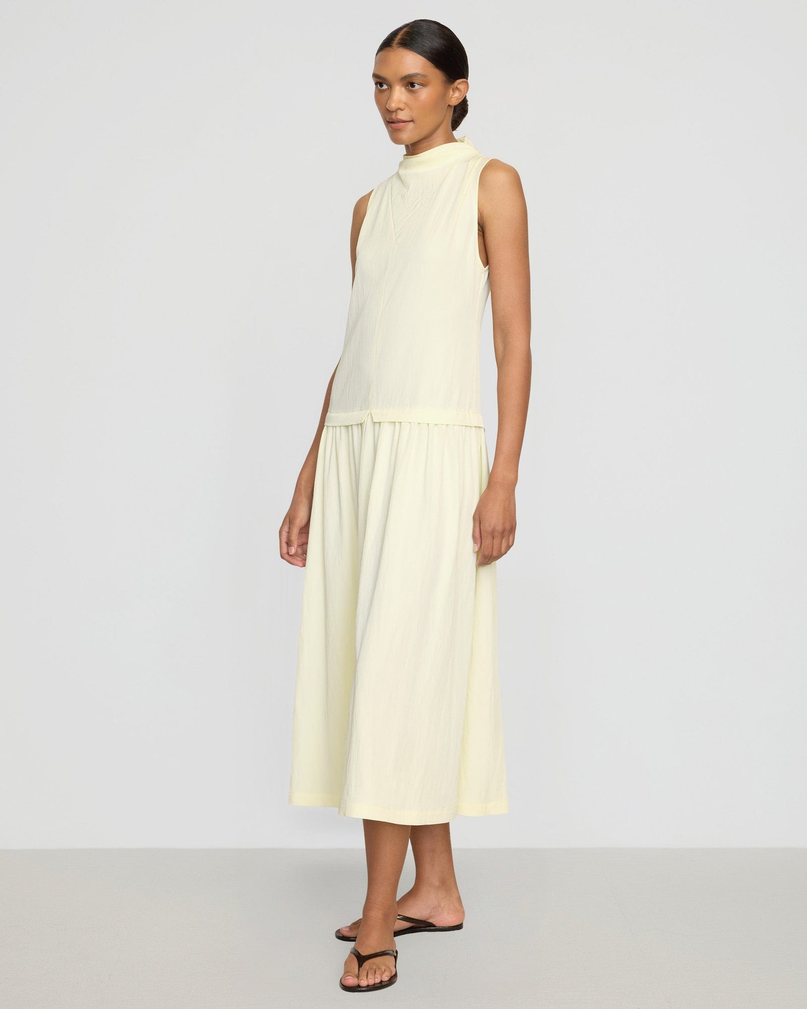 Vanessa | Chinon Drop-Waist Gathered-Neck Dress in Size Small