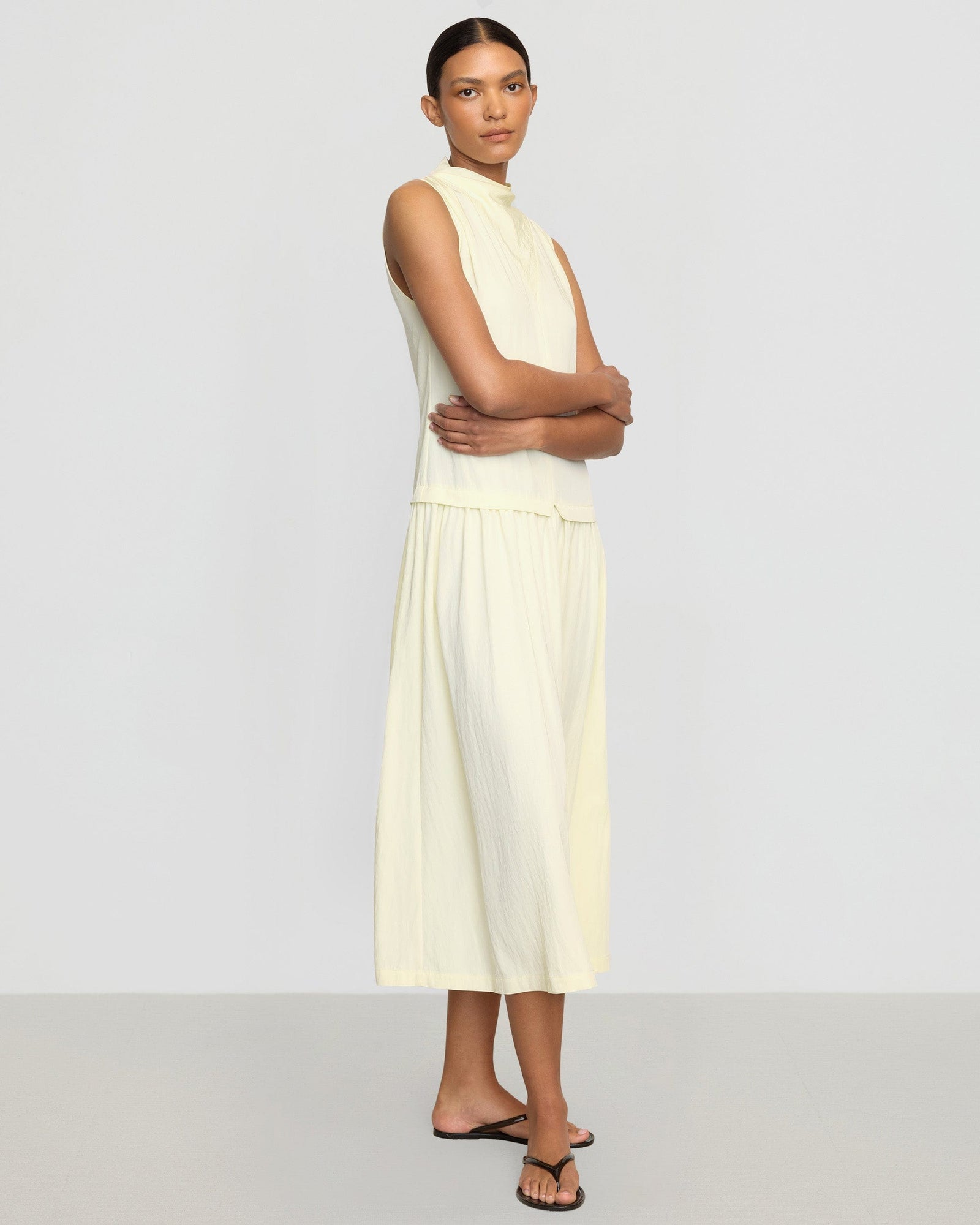 Vanessa | Chinon Drop-Waist Gathered-Neck Dress in Size Small