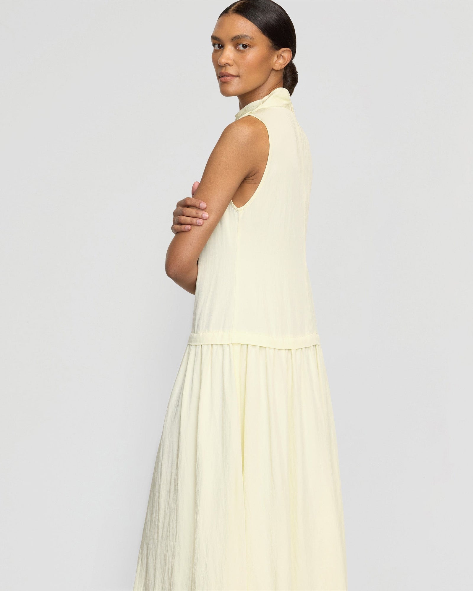 Vanessa | Chinon Drop-Waist Gathered-Neck Dress in Size Small