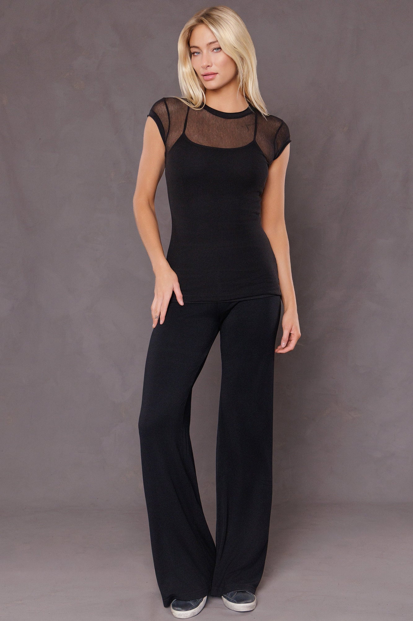 Women | Cap Sleeve Long Mesh Tee | Black