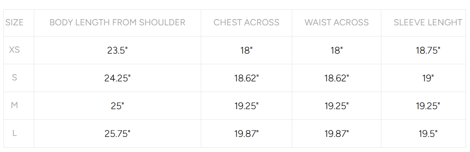 Product size guide