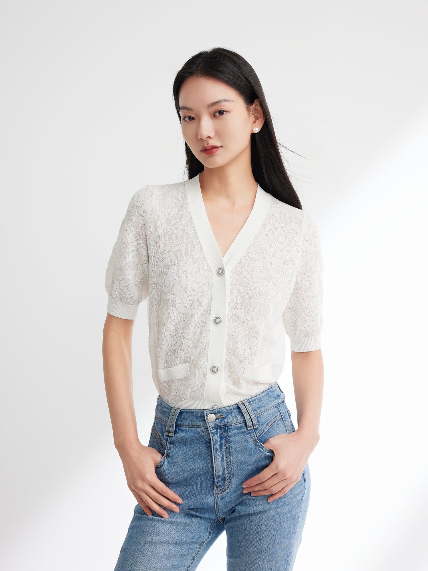Embossed Slim Knit Cardigan | White