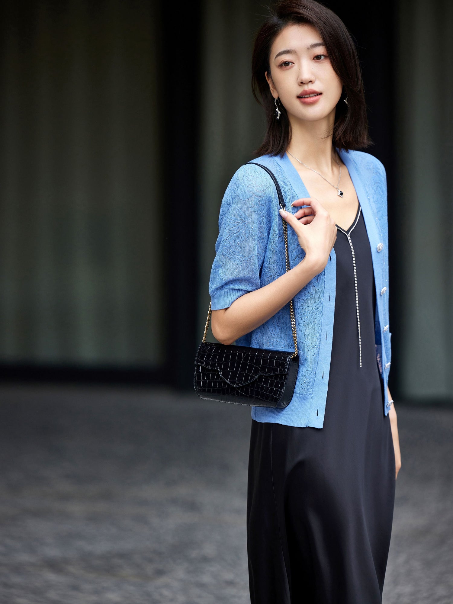 Embossed Slim Knit Cardigan | Blue