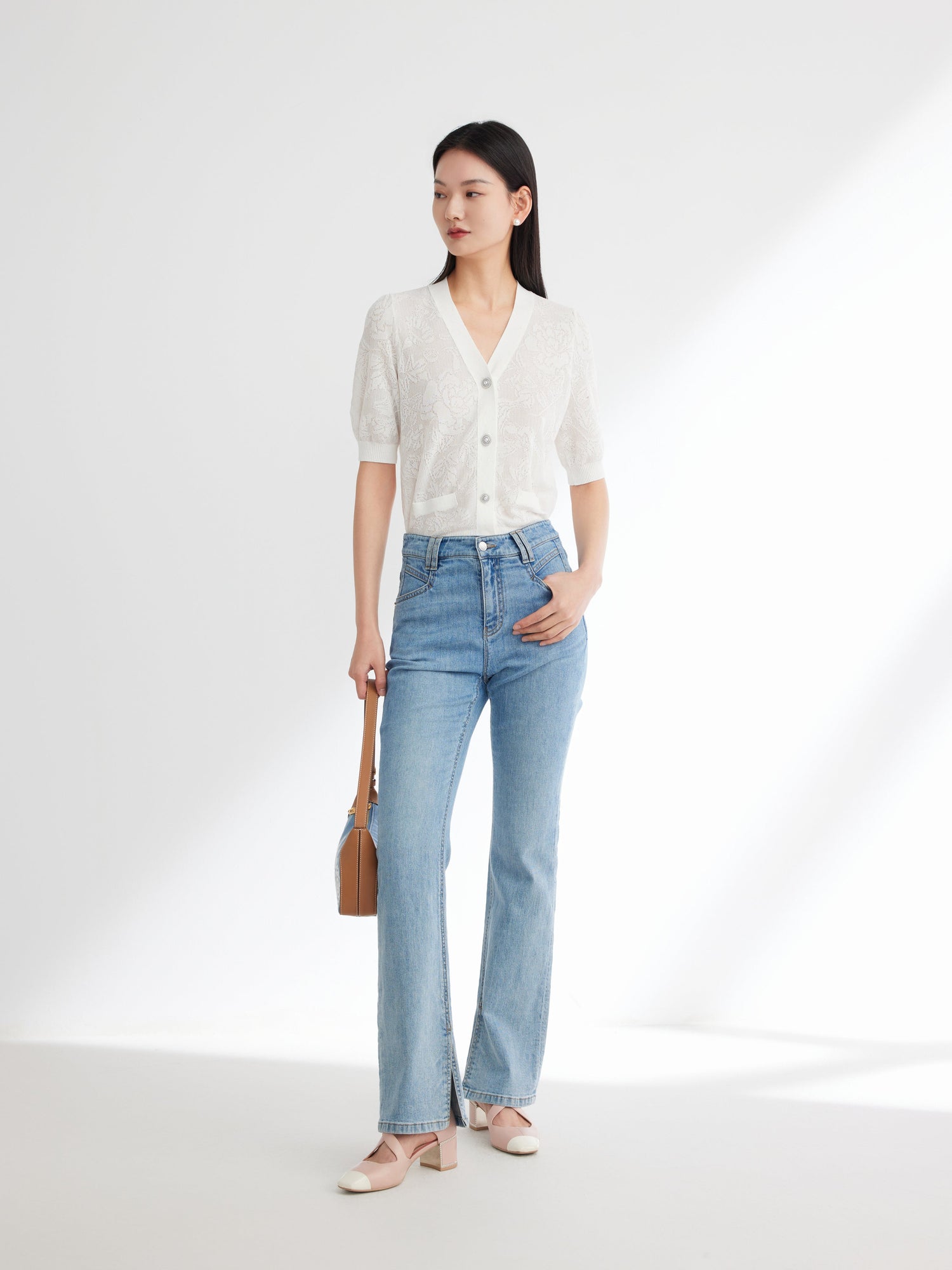 Embossed Slim Knit Cardigan | White
