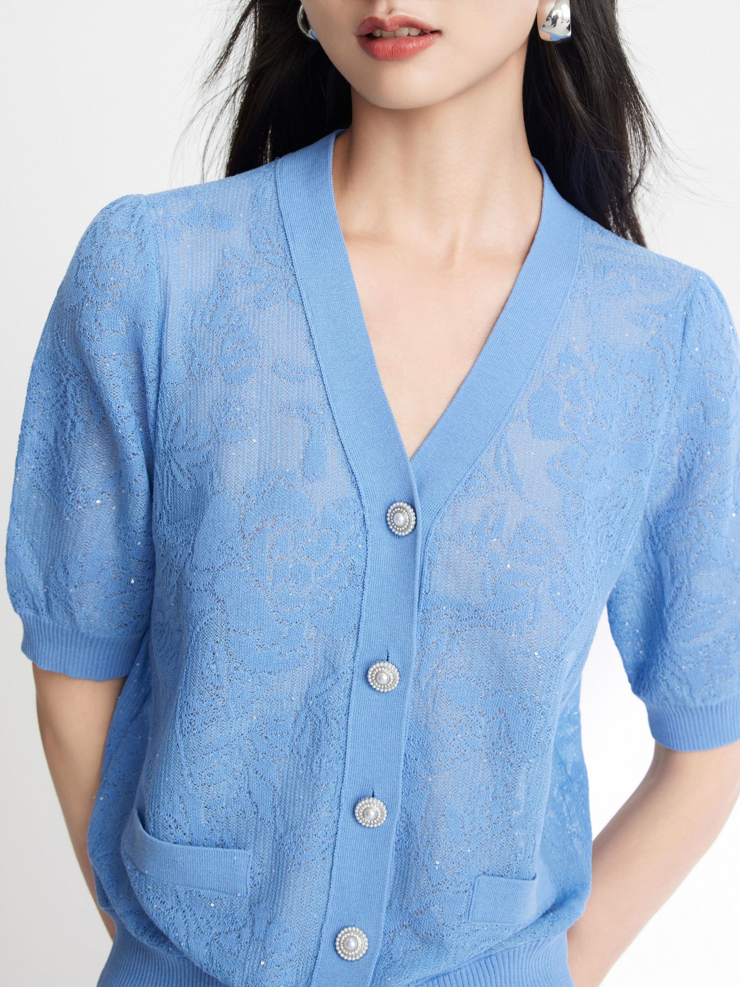 Embossed Slim Knit Cardigan | Blue
