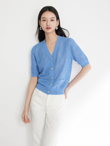 Embossed Slim Knit Cardigan | Blue