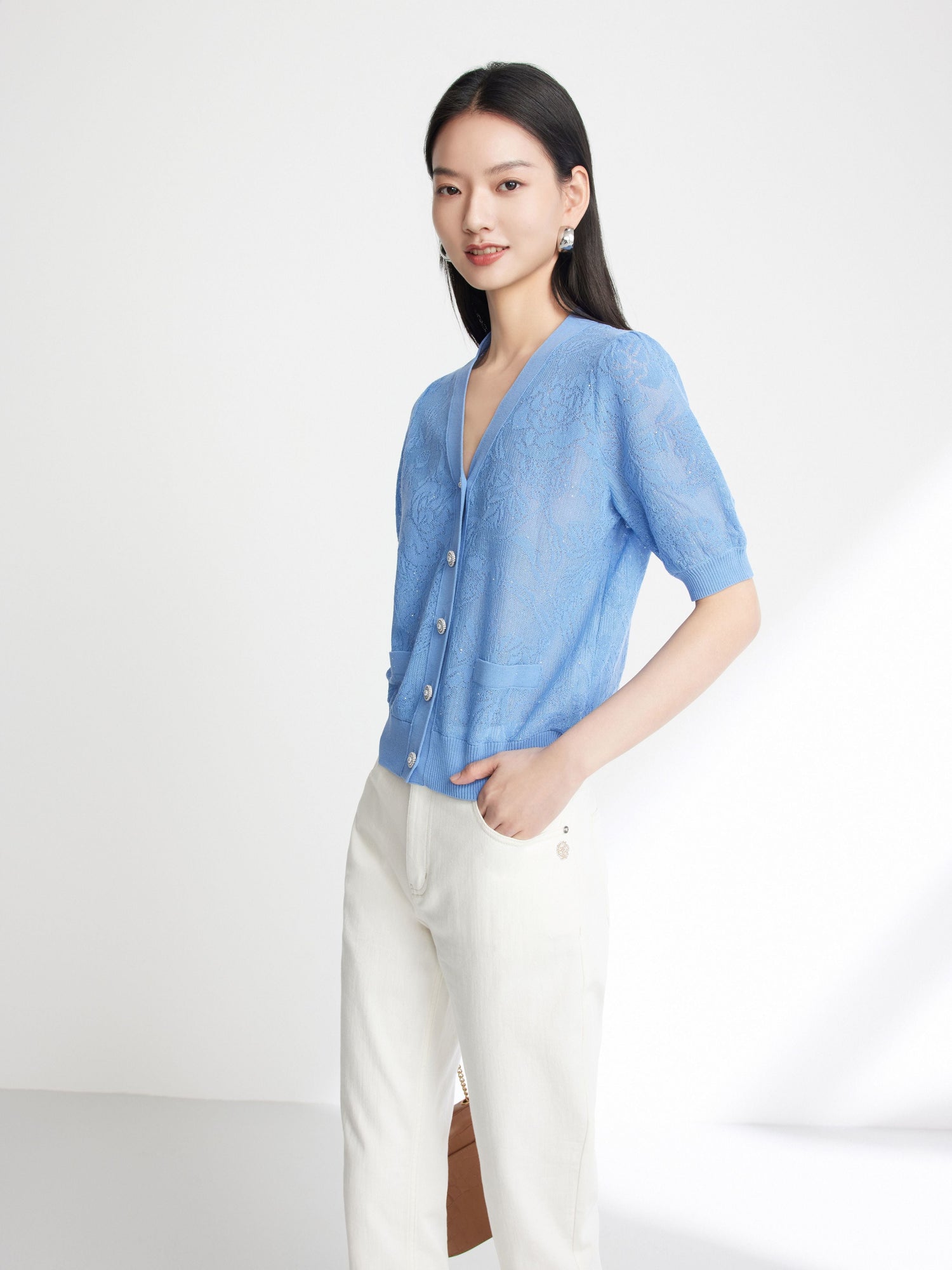 Embossed Slim Knit Cardigan | Blue