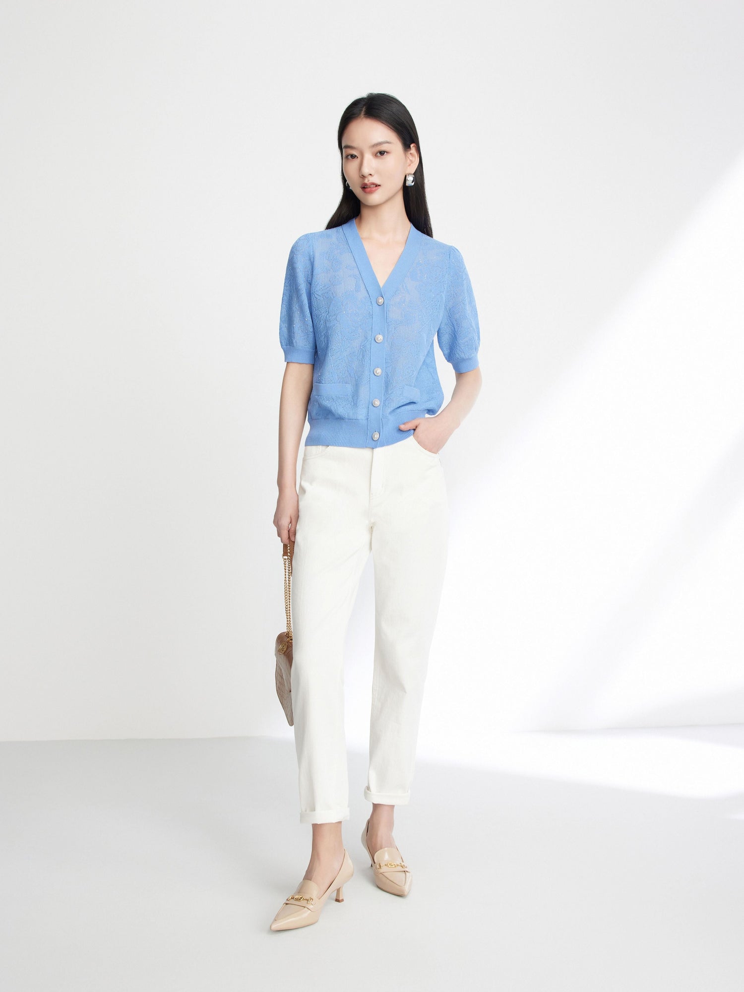 Embossed Slim Knit Cardigan | Blue