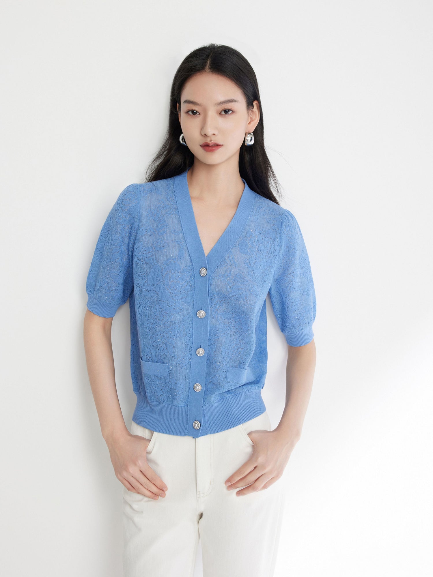 Embossed Slim Knit Cardigan | Blue