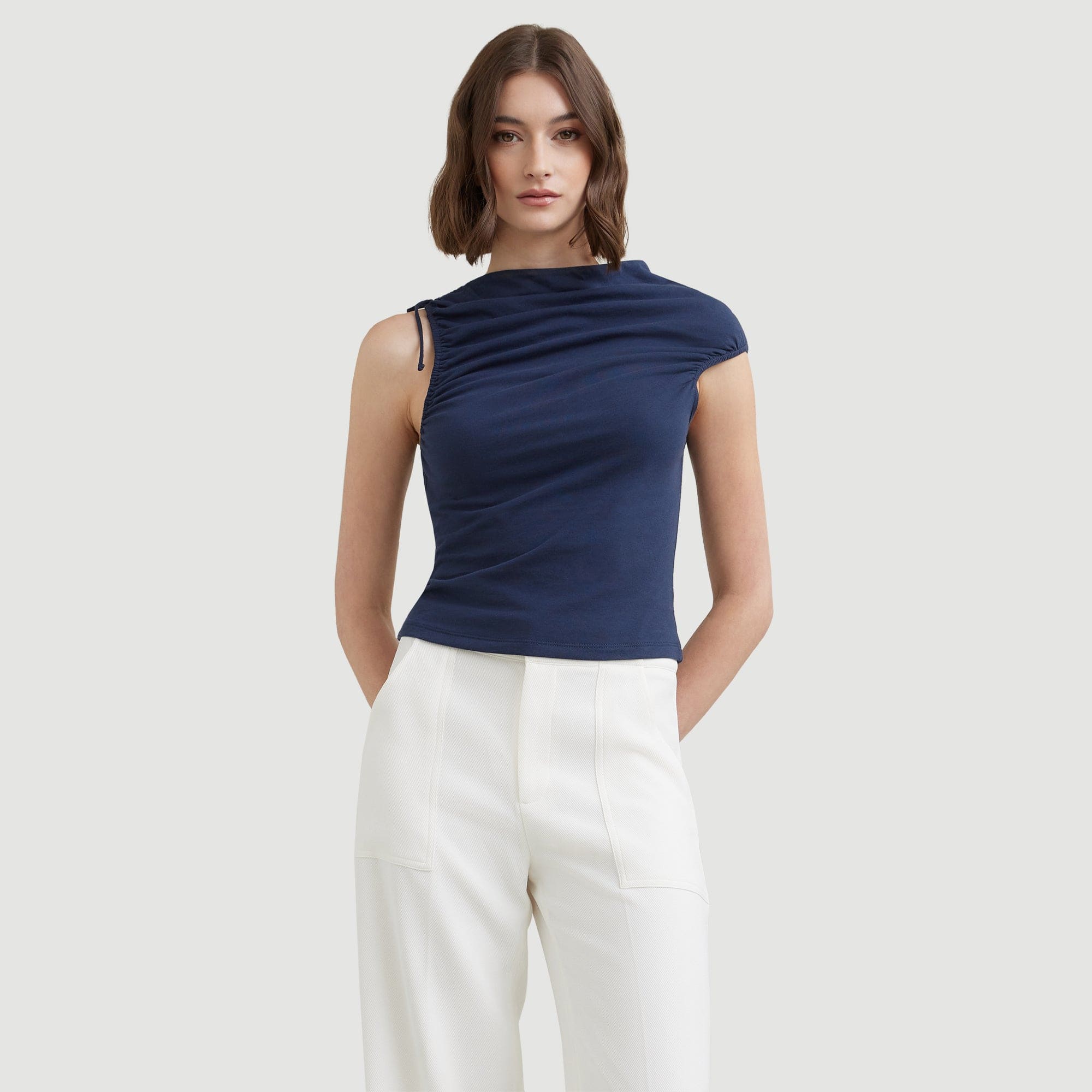 Delphine Ruched Sleeveless Tee | Navy