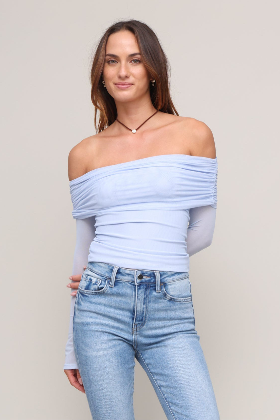 Gab & Kate | Jules Off Shoulder Mesh Shirt | Blue