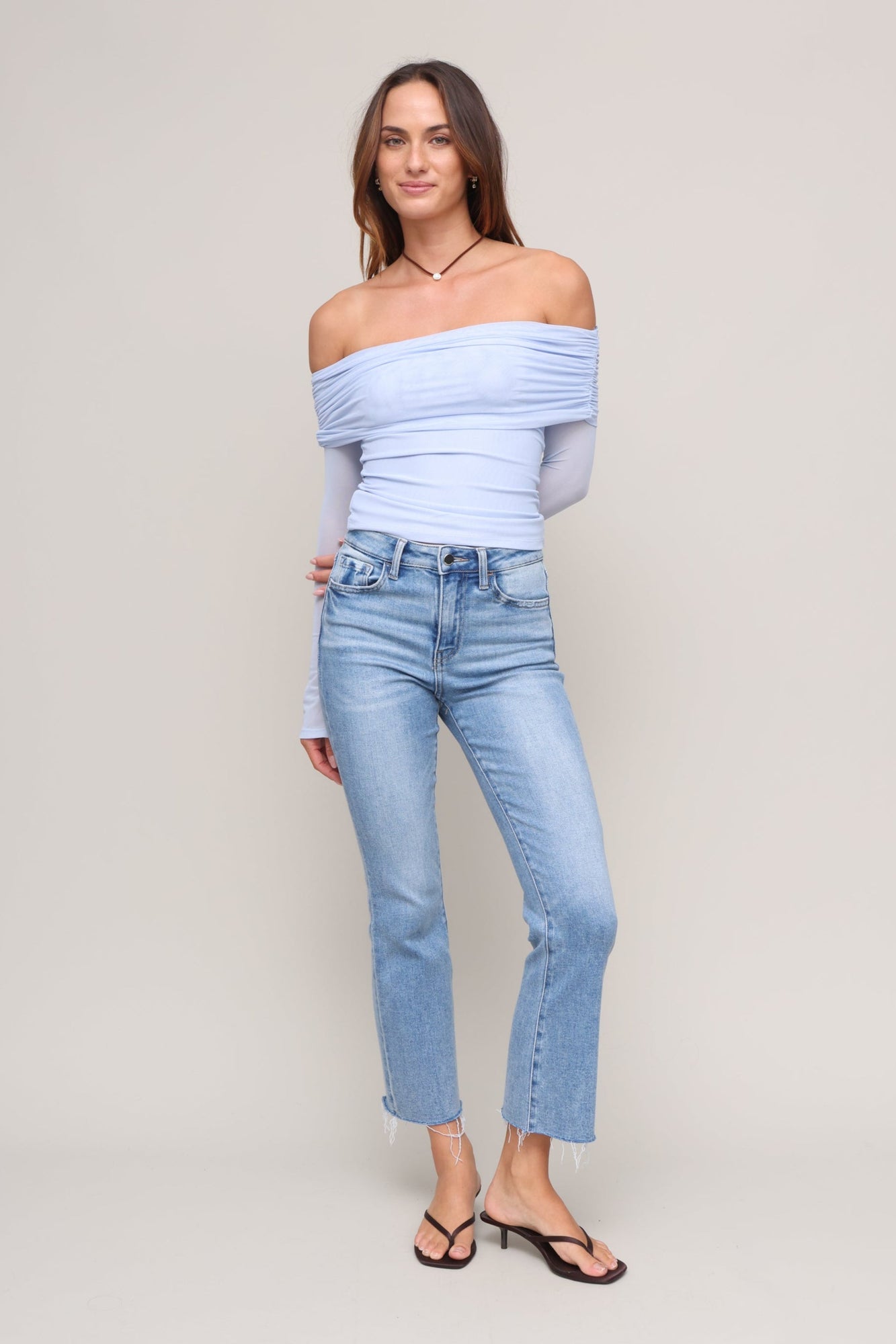 Gab & Kate | Jules Off Shoulder Mesh Shirt | Blue