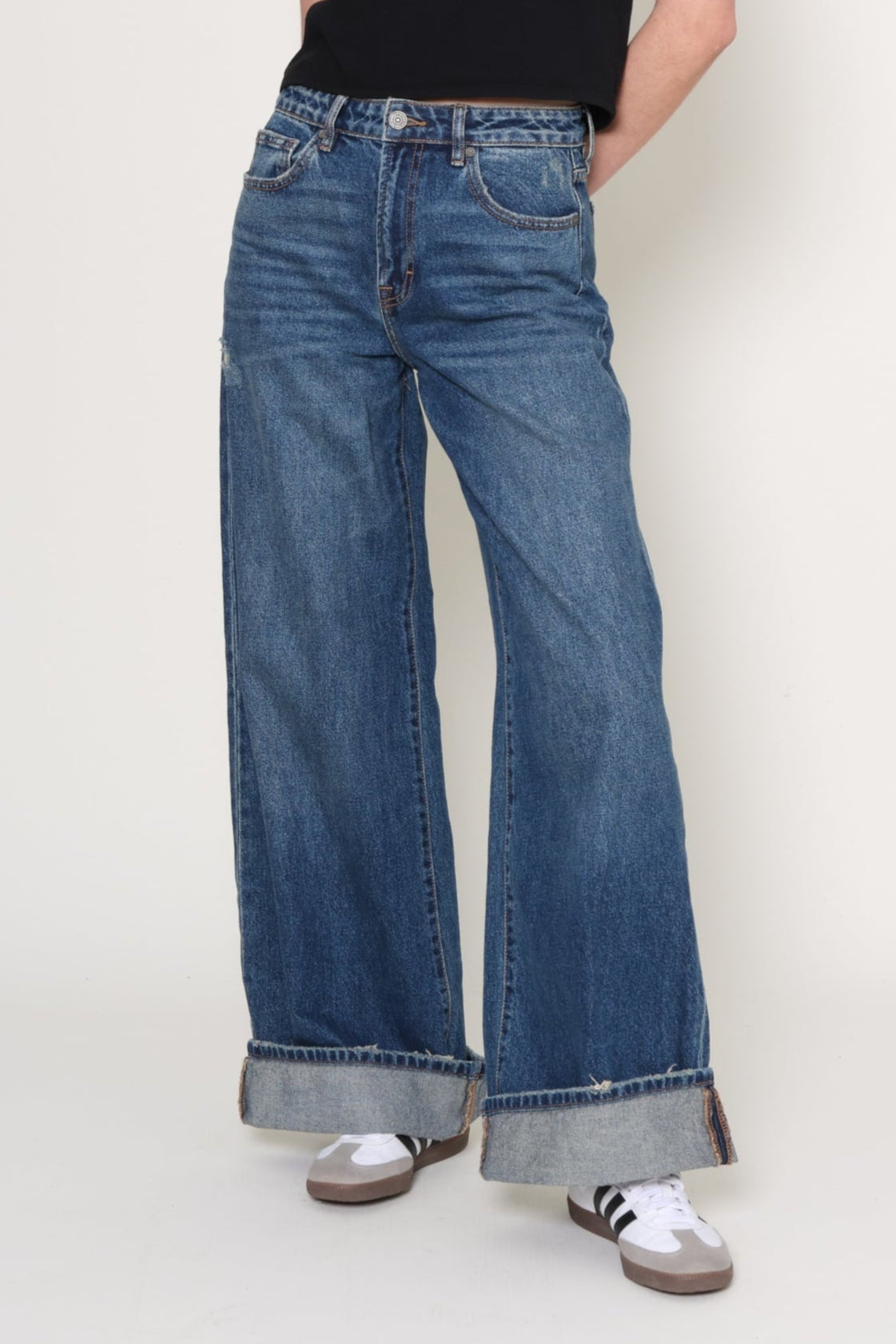 Hidden | Cuffed Dark Wash Wide Leg Jean | Blue