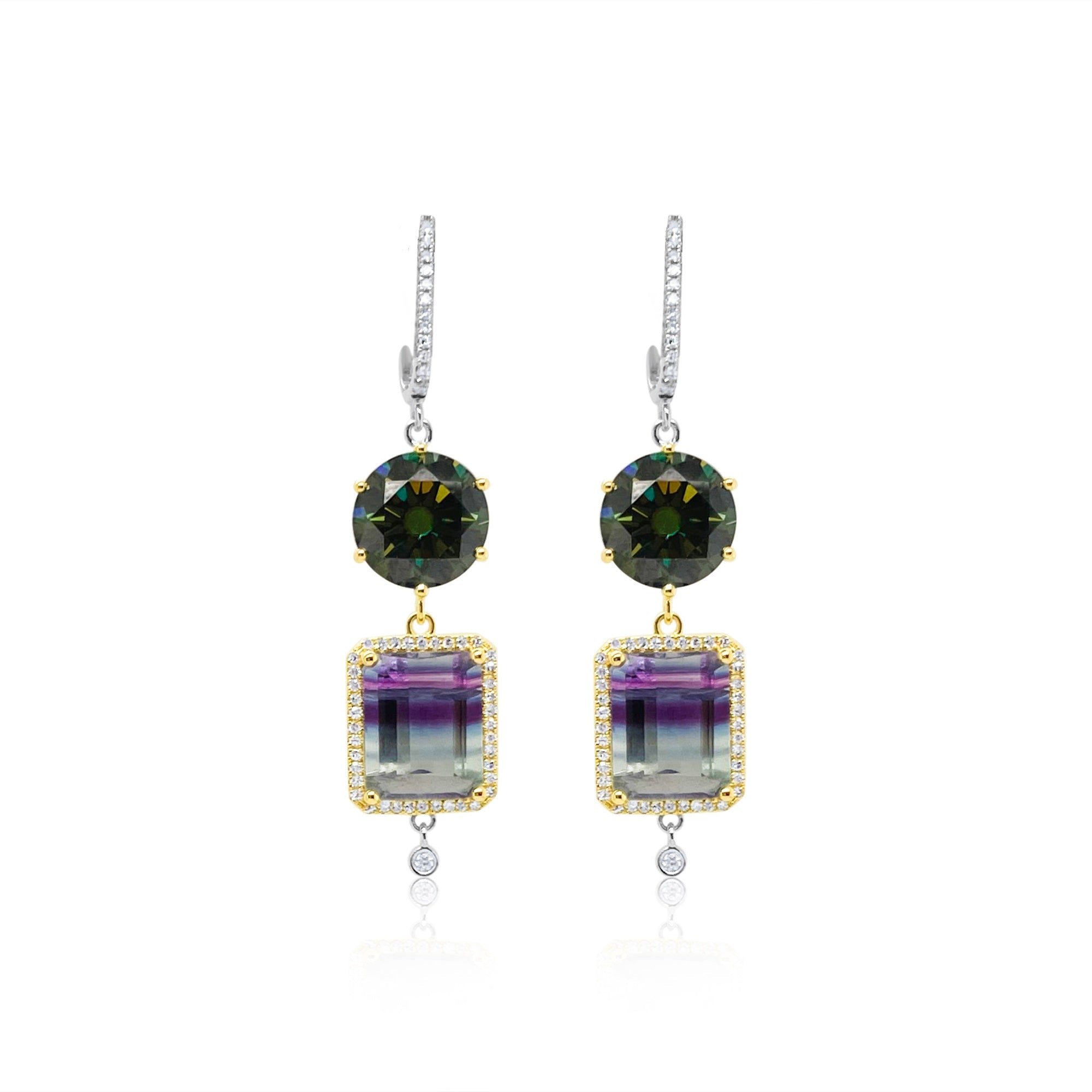 Two Tone Gold Fluorite Moissanite Diamond Earrings | Two Tone