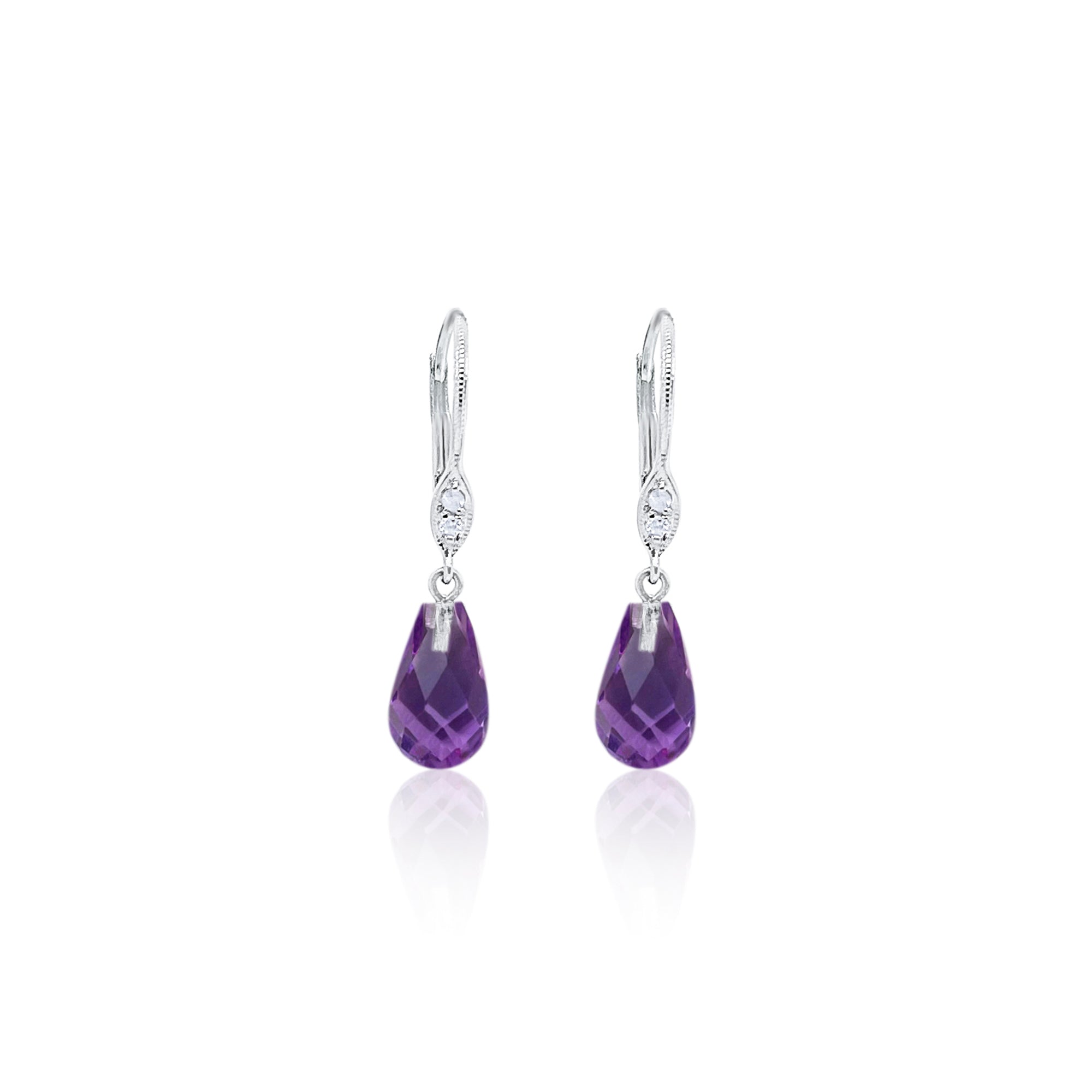 14Kt White Gold Diamond Amethyst Briolette Dangle Earrings | White Gold