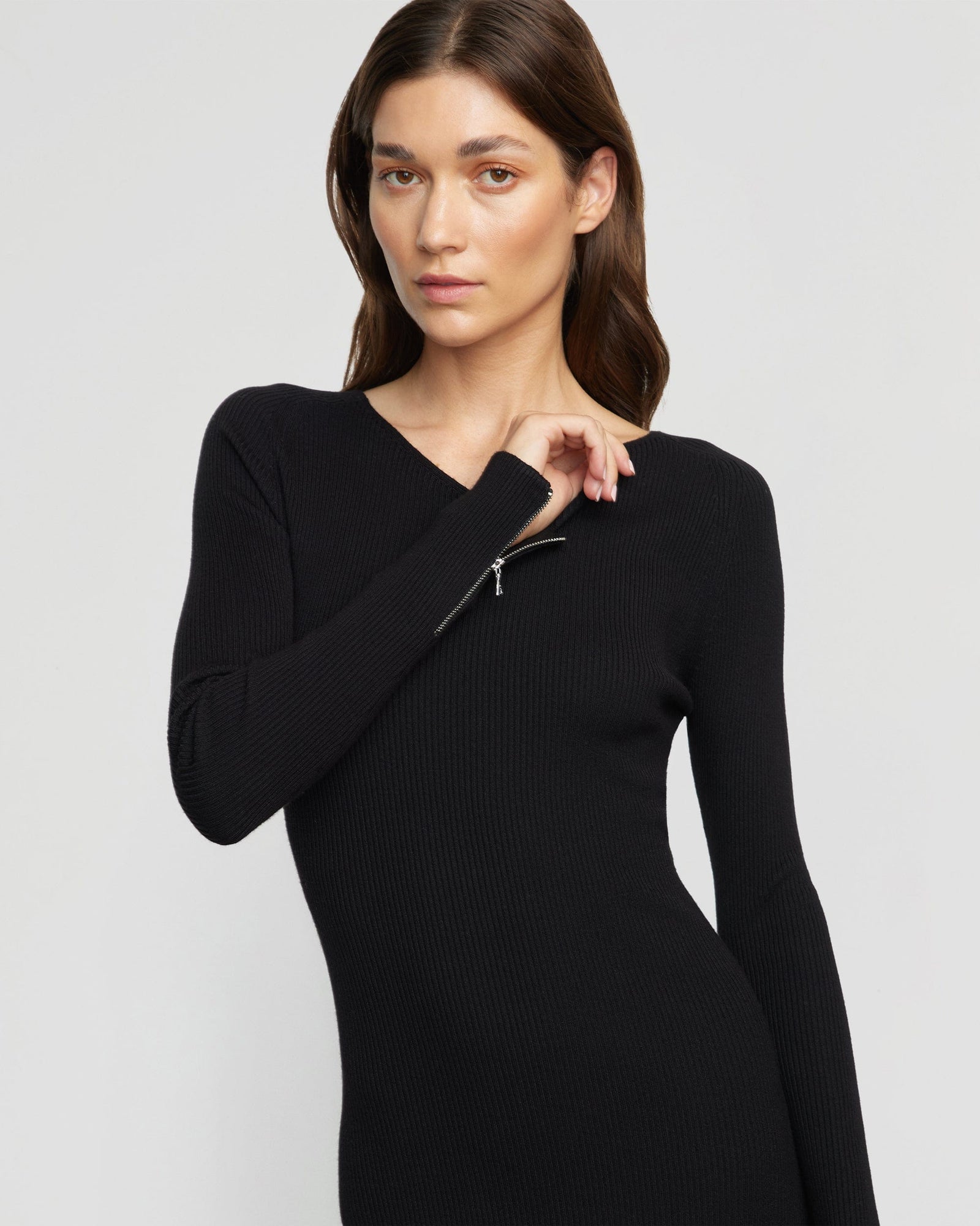 Elizabeth Zipper-Sleeve Ribbed Dress | Black