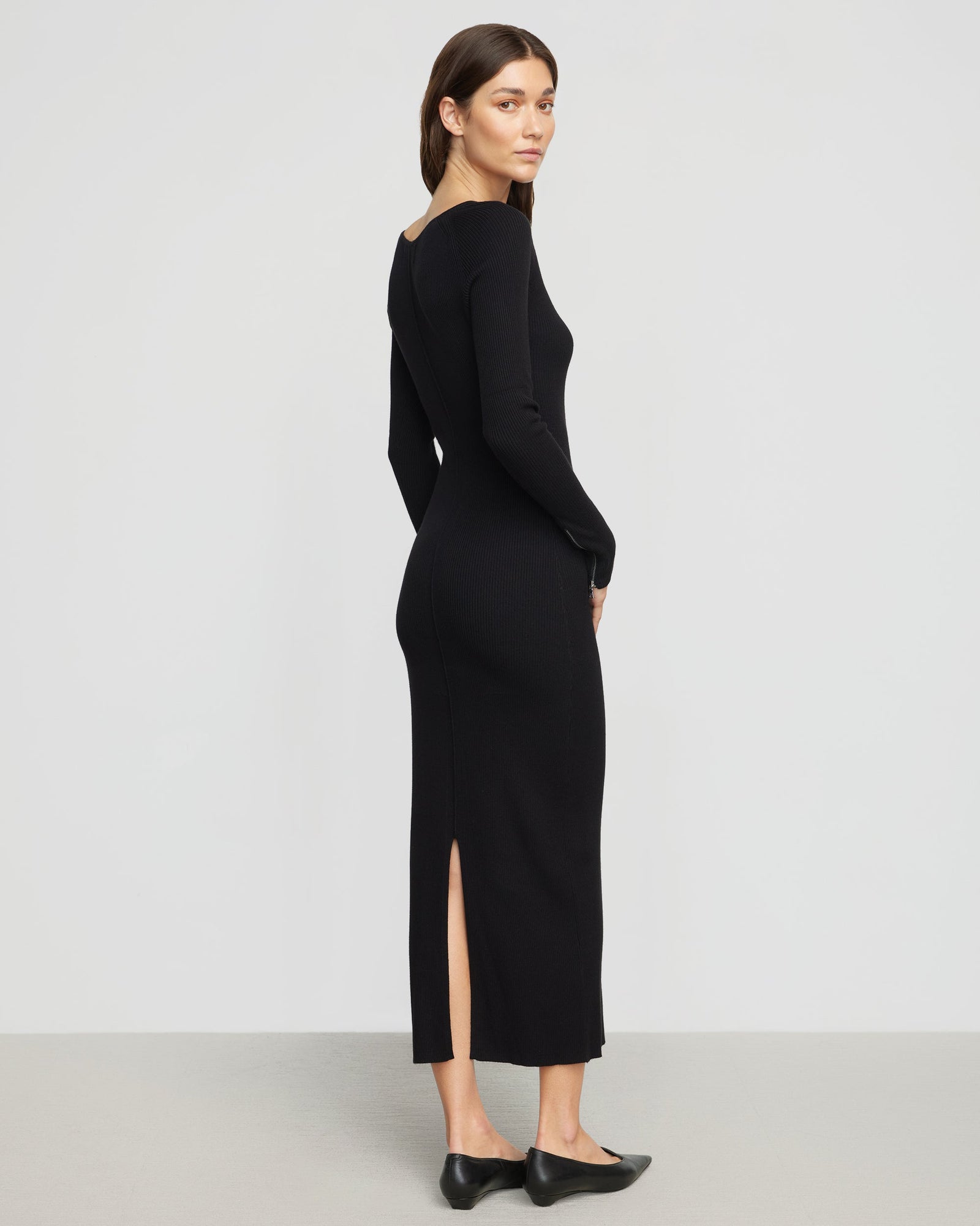 Elizabeth Zipper-Sleeve Ribbed Dress | Black