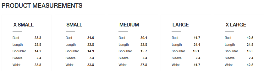 Product size guide