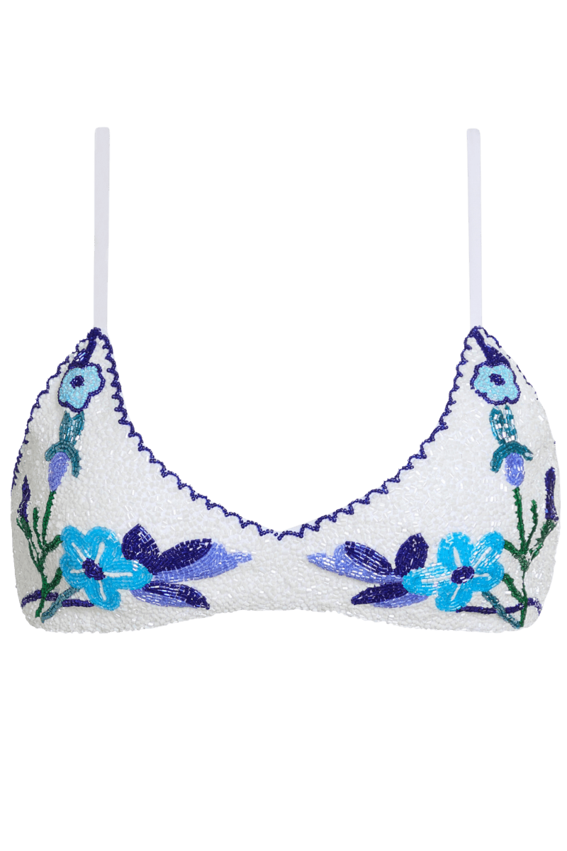 Euro Summer Hand-Beaded Embellished Bikini Top - White/Blue - Self-Adore