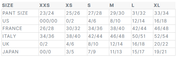 Product size guide