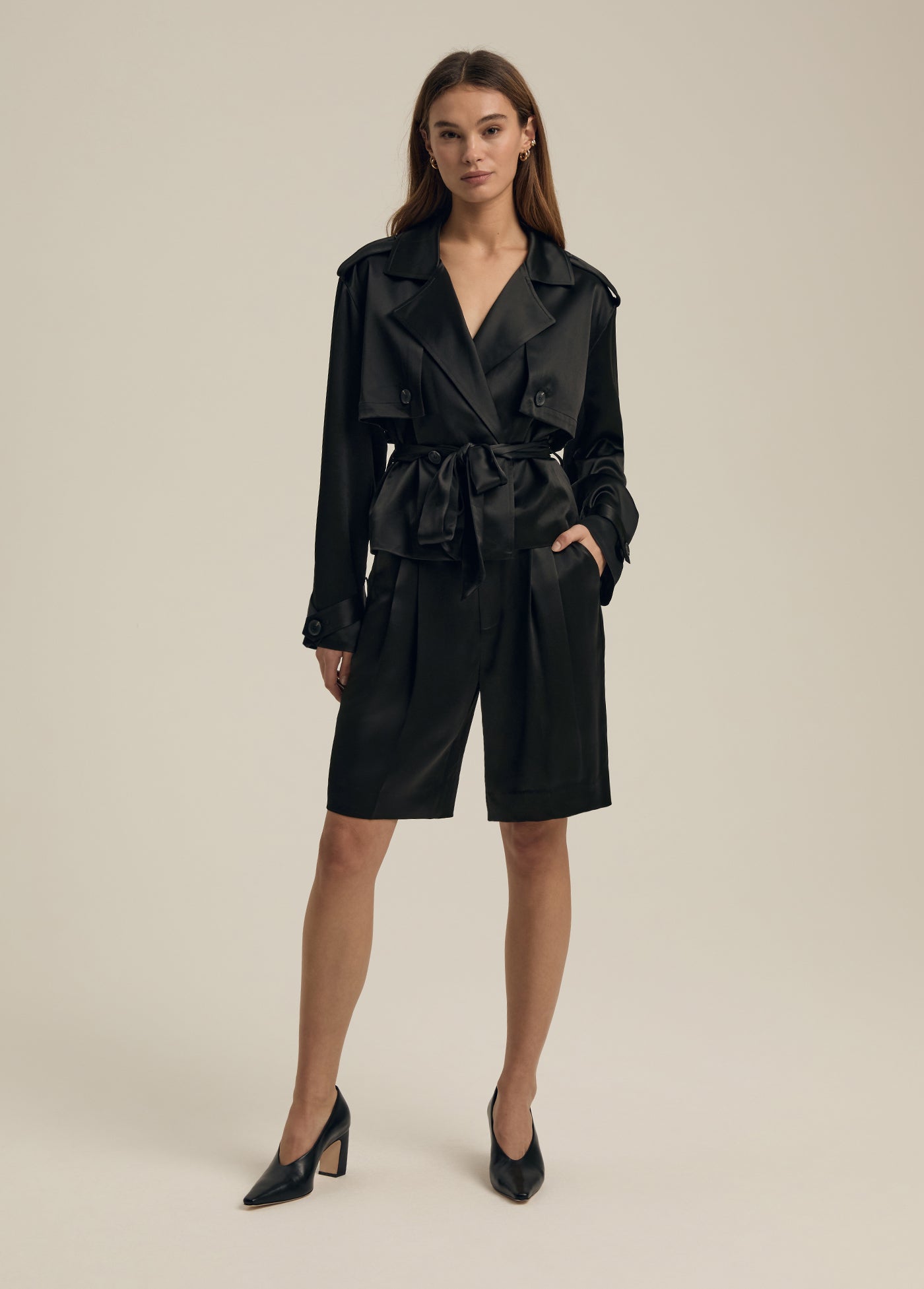 The Cropped Charles Trench | Black Satin