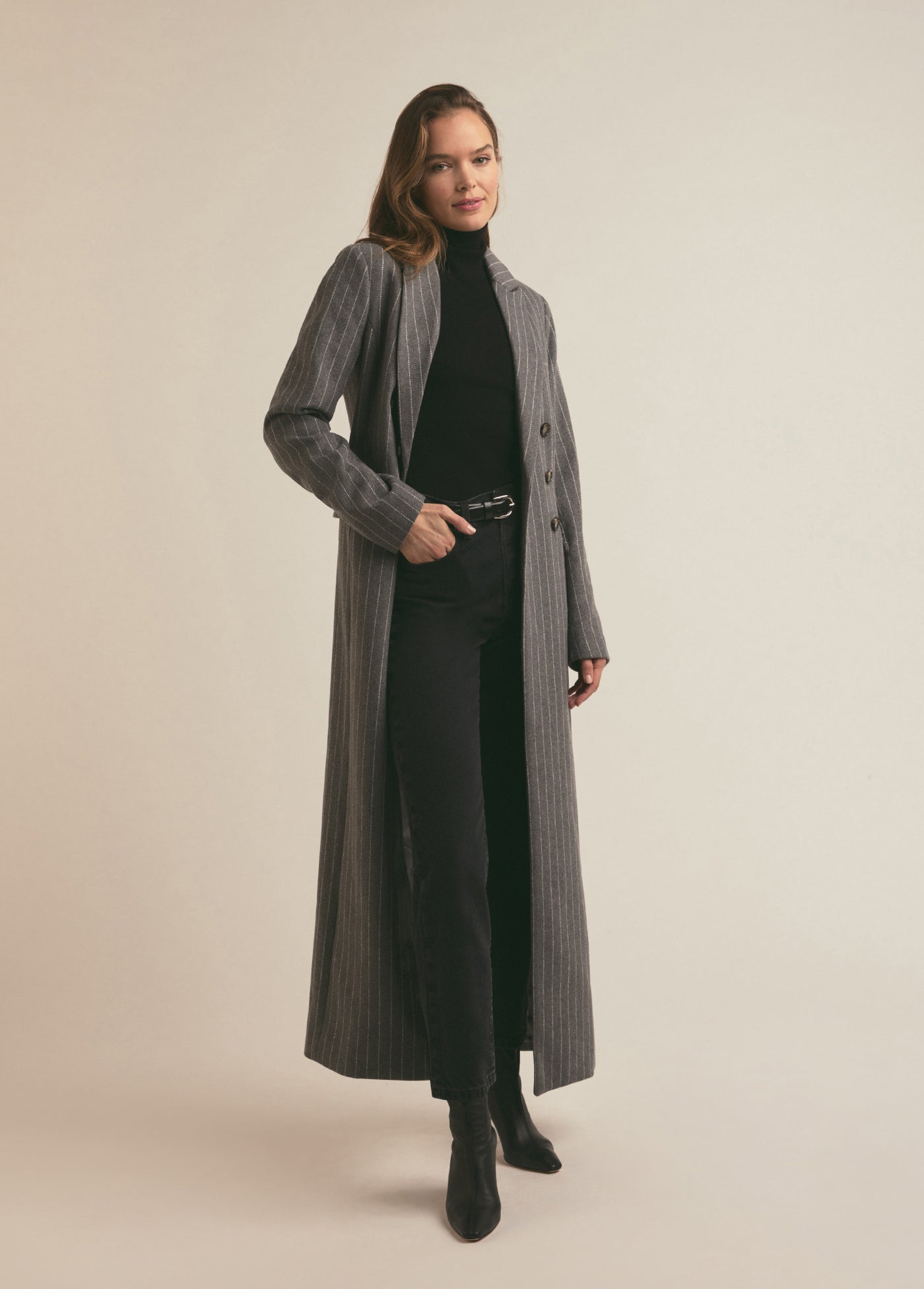 The Simon Coat | Grey White Pinstripe