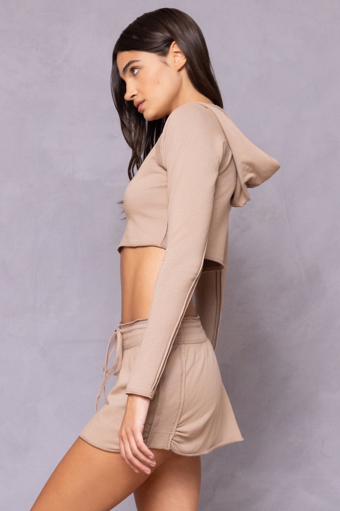 Women | Raw Edge Crop Sweatshirt Fleece Hoodie | Woodsmoke