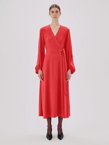 Another Tomorrow Lantern Sleeve Wrap Dress in Geranium – Viscose Women's Dress