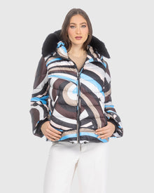 Après-Ski Jacket With Detachable Toscana Lamb Hood Trim | Sky/Brown Swirl/Black