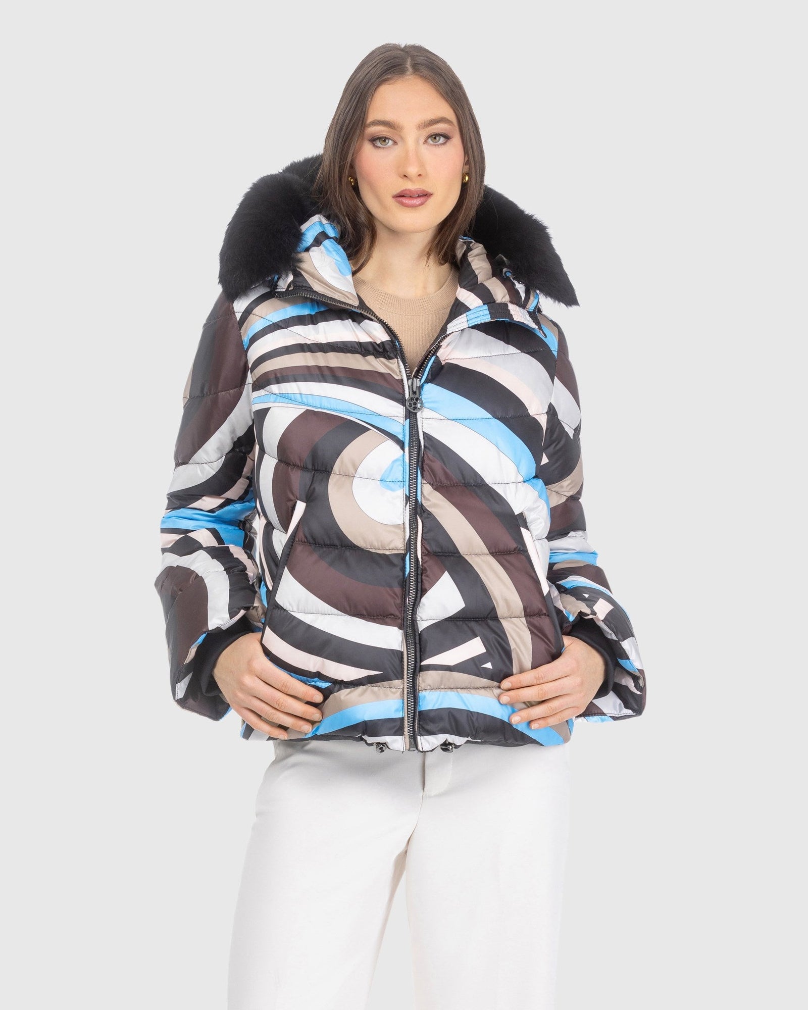 Après-Ski Jacket With Detachable Toscana Lamb Hood Trim | Sky/Brown Swirl/Black