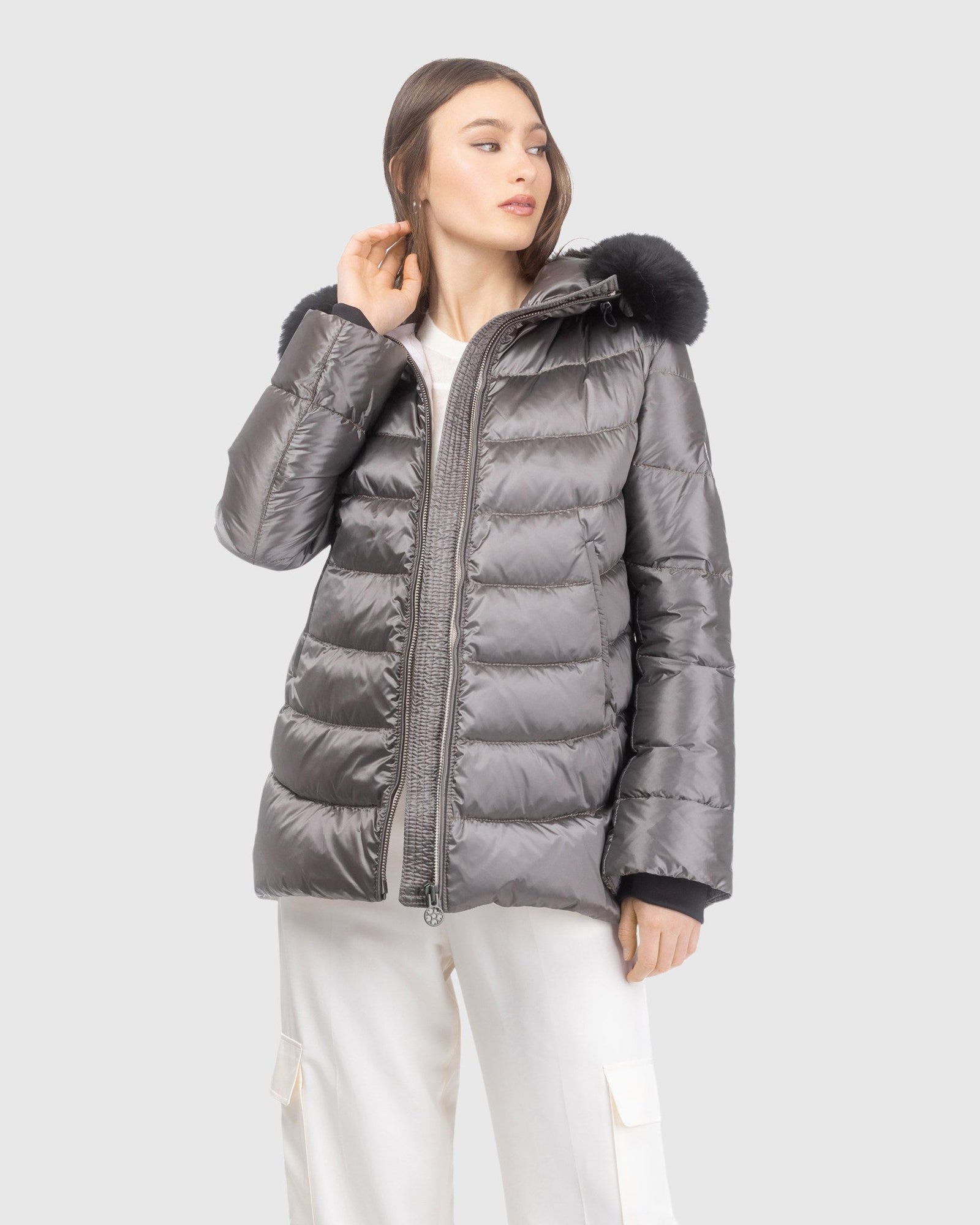 Après-Ski Jacket With Detachable Toscana Lamb Hood Trim | Greige/Black (V3)