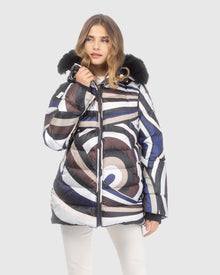 Après-Ski Jacket With Detachable Toscana Lamb Hood Trim | Navy/Brown Swirl/Black (V1)