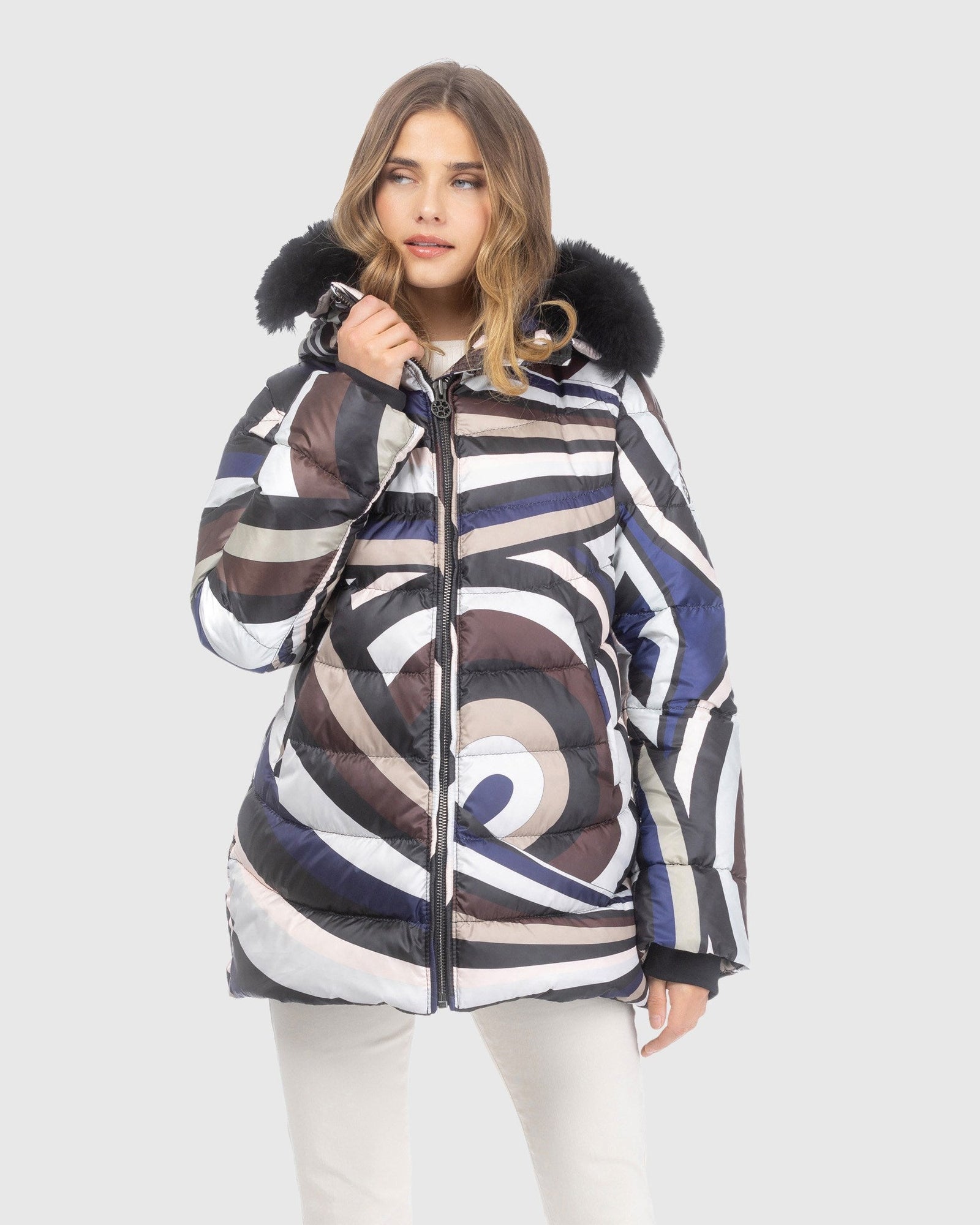 Après-Ski Jacket With Detachable Toscana Lamb Hood Trim | Navy/Brown Swirl/Black (V1)