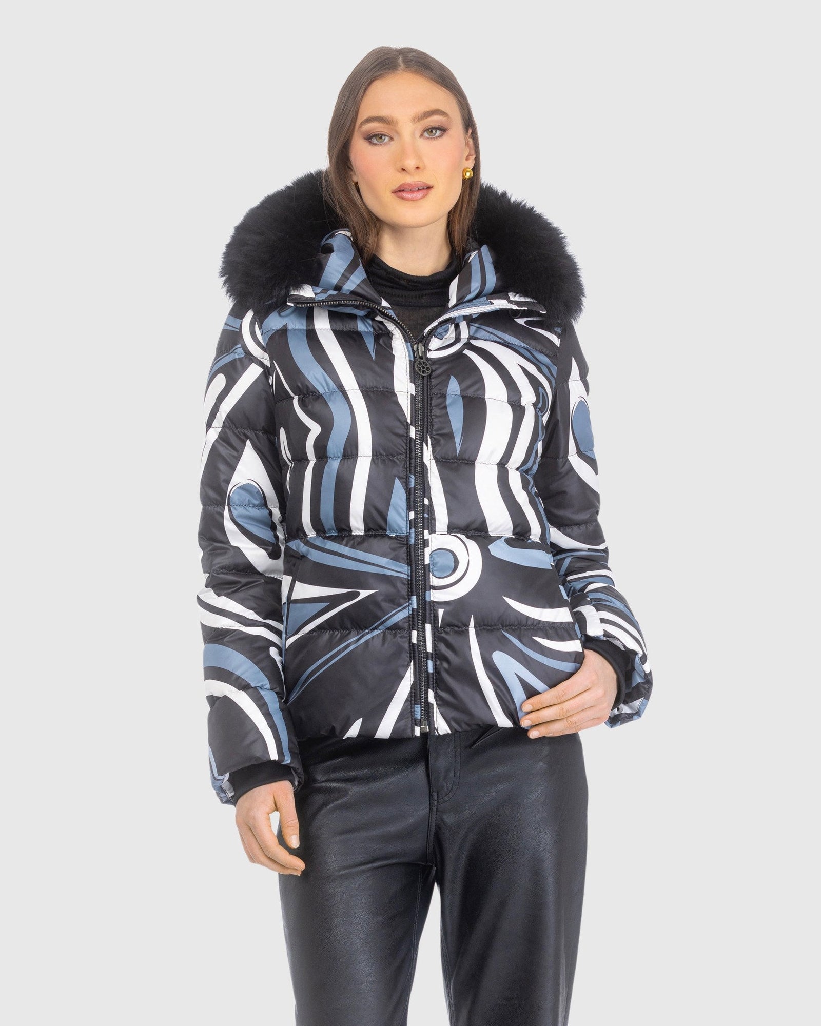 Après-Ski Jacket With Detachable Toscana Lamb Hood Trim | Black Swirl/Black (V1)