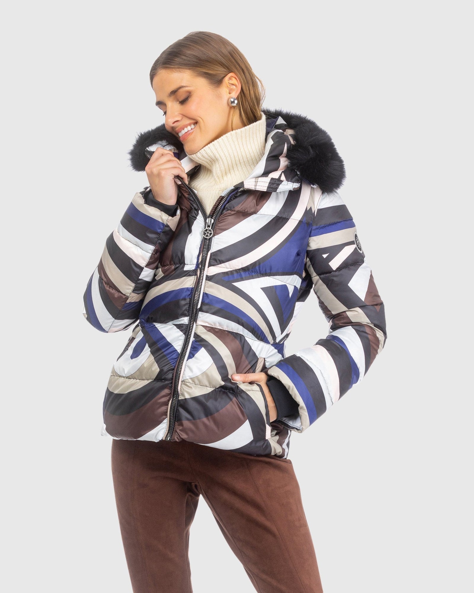 Après-Ski Jacket With Detachable Toscana Lamb Hood Trim | Navy/Brown Swirl/Black (V2)